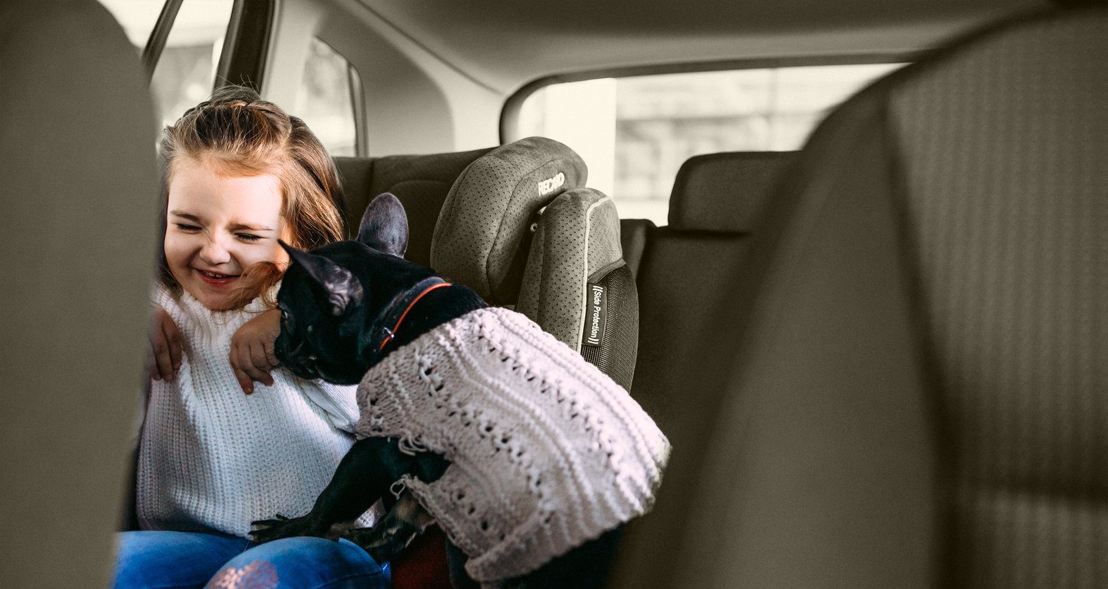 Happy Girl with Dog in Clean Car Seat